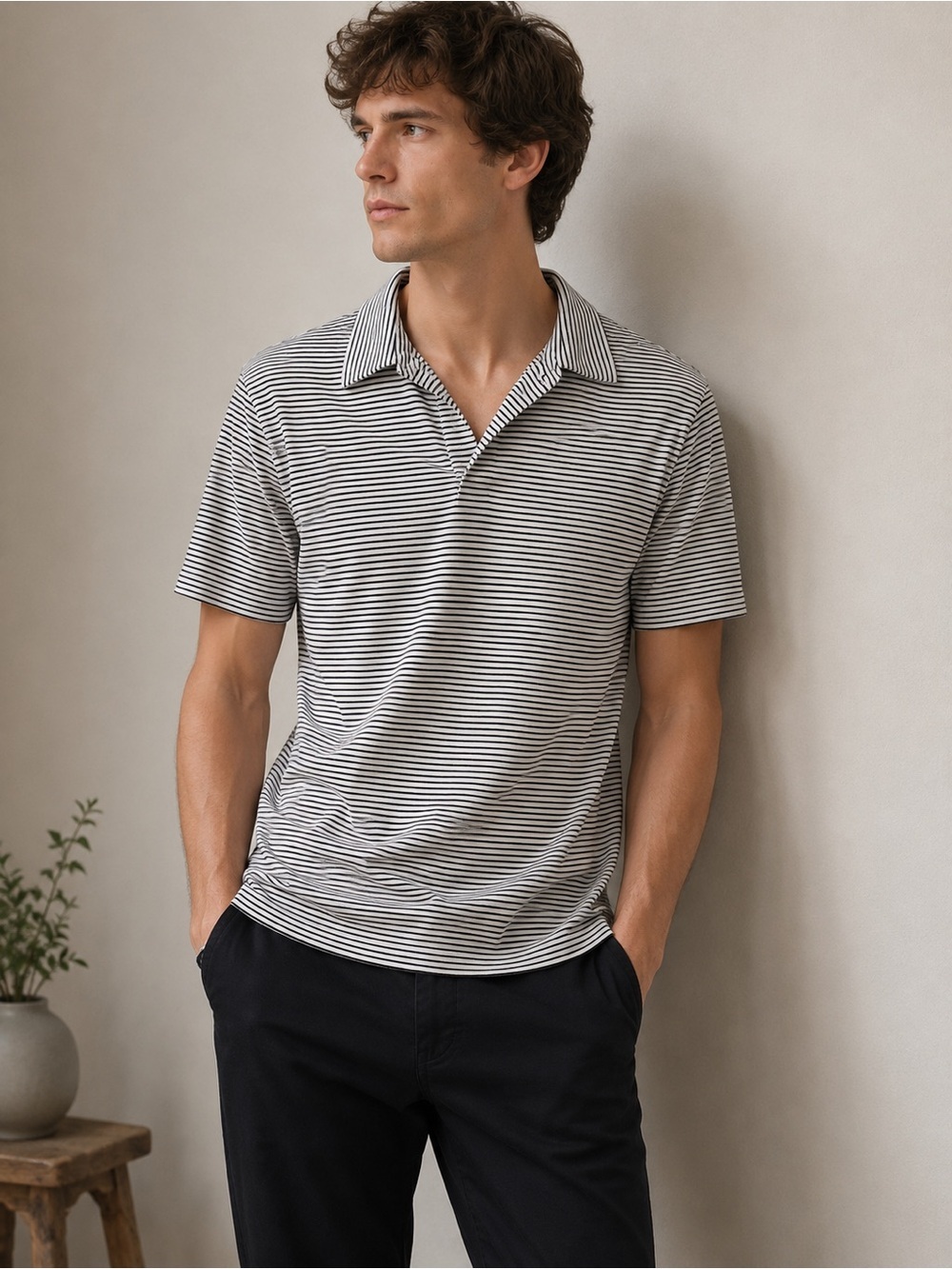 Theory Black and White Striped Polo Shirt